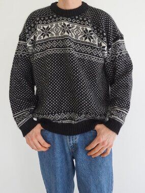 Woolrich Black White Nordic Snowflake Fair Isle Mohair Wool Crew Neck Sweater L